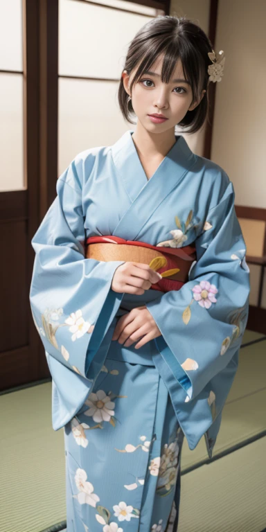 (masutepiece, Best Quality:1.4), Beautiful face, 8K, 85 mm, absurderes, ((FULL BODYSHOT:1.3))、((traditional Japanese room（With futon）))、(Floral pattern long-sleeved kimono:1.4), cowboy  shot、violaceaess, gardeniass, Delicate girl, Solo, Long bob hair、Night...