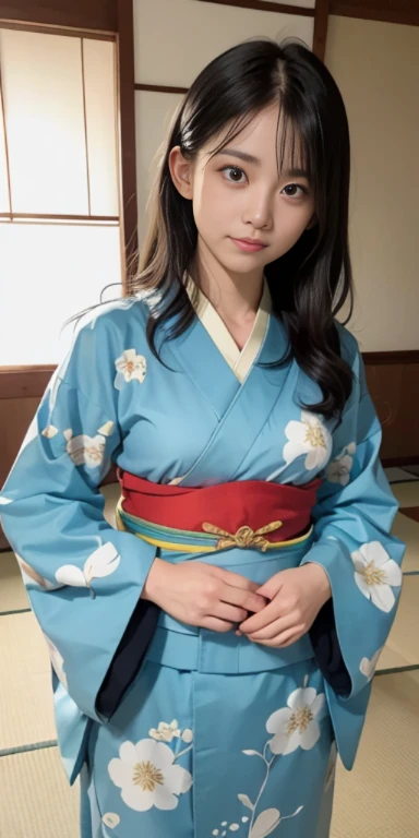 (masutepiece, Best Quality:1.4), Beautiful face, 8K, 85 mm, absurderes, ((FULL BODYSHOT:1.3))、((traditional Japanese room（With futon）))、(Floral pattern long-sleeved kimono:1.4), cowboy  shot、violaceaess, gardeniass, Delicate girl, Solo, Long bob hair、Night...