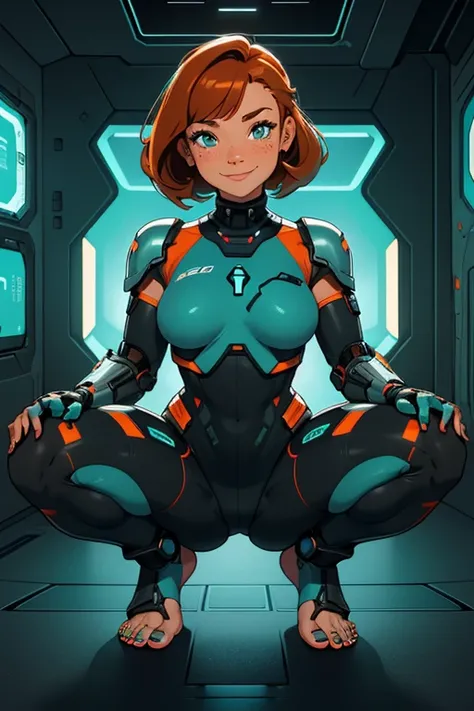 a beautiful, young, t cyborg woman, wearing skintight cybernetic technological, facial freckles, teal toe nail polish, cybernetics in her face, head and arms, visibly barefoot, white, black teal and orange body armor, , with short brown wavy hair, in a fut...