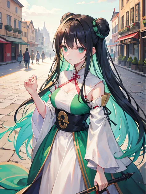 high-level image quality、Long hair in two buns, parting bangs、A dark-haired、Green eyes、Bustling city center in medieval Europe、National costumes of medieval Europe, Vibrant colors、Bust-up shot, Delicate drawing、