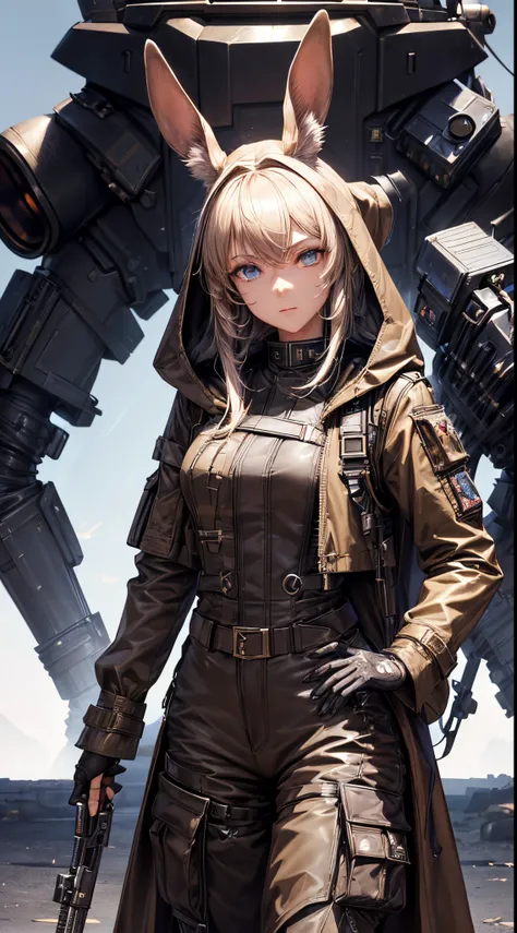 masterpiece, high quality, character concept art, (detailed face, detailed eyes, detailed body:1.5), ARKNIGHTS, sci-fi knights, anthro, rabbit features, rabbit ears and tails, (wearing sexy elegant future outfit trench coat with hood with straps and access...