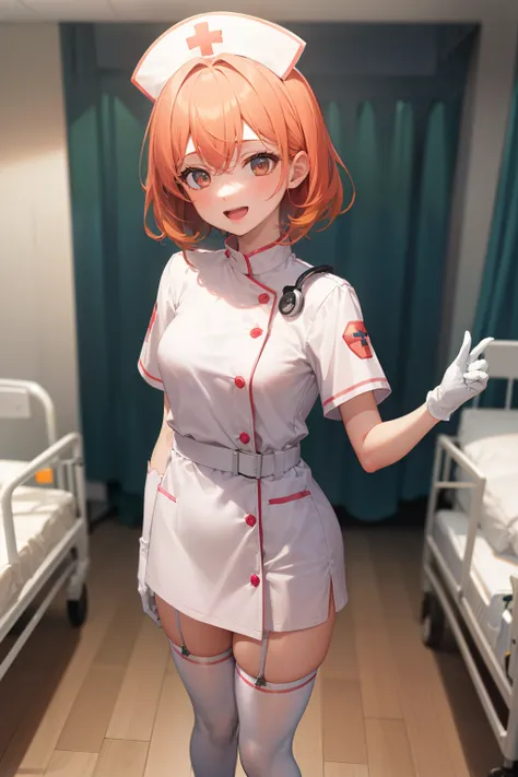 1girl, solo, nurse, nurse cap, white wear, ((white legwear, zettai ryouiki)), white gloves, very short hair, orange hair, smile,...