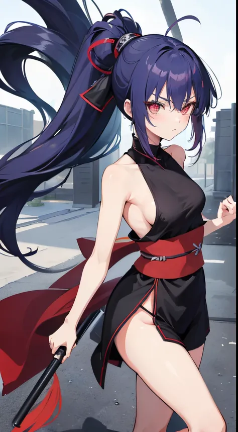 anime style young ninja woman female ninja, random color hair straight in the wind, random color eyes, she is in the dojo training with ninja weapons (random between nunchako, shurikens, katana), random colored clothes, with a neckline showing part of very...