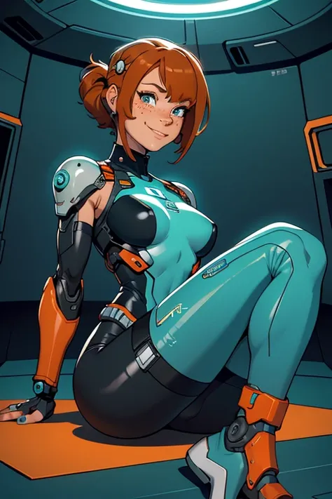 a beautiful, young, t cyborg woman, wearing skintight cybernetic technological, facial freckles, teal toe nail polish, cybernetics in her face, head and arms, visibly barefoot, white, black teal and orange body armor, , with short brown wavy hair, in a fut...