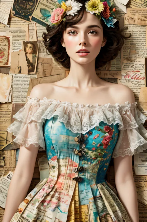 Super detailed alcohol ink painting of gorgeous girl, Made on top of a mixed-media masterpiece patchwork of stress-free vintage script paper, Ephemera, Torn cardboard, Vintage newspaper, Vintage sheet music, Wax Seal, Dress made of paper ruffles and life-s...