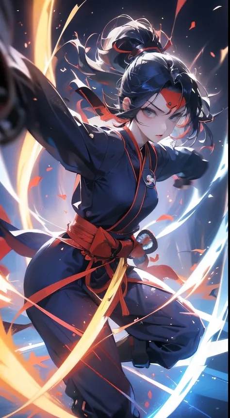 anime style young ninja woman female ninja, random color hair straight in the wind, random color eyes, she is in the dojo training with ninja weapons (random between nunchako, shurikens, katana), random colored clothes, with a neckline showing part of very...