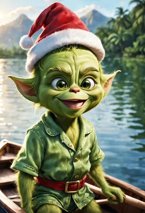 (fantastically beautiful baby grinch), (huge expressive eyes), ((happy smile)), in a hawaiian shirt, wearing a santa claus hat, ...