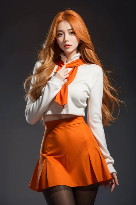 1个Giant Breast Girl, tmasterpiece, Best quality at best, high qulity, OLGA_mary, The white_the hair, The orange_The eye, long whitr hair, hair between eye, longer sleeves, jaket, red ascot, a skirt, a skirt, lacepantyhose, Very long hair, cow boy shot,