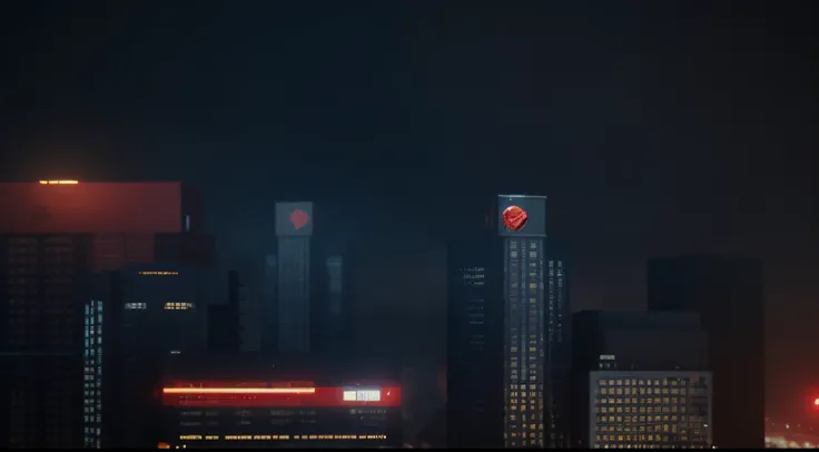 A city at night with bombing place with blue and red colors, strong colors, octane render