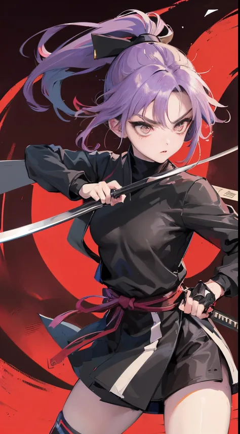 anime style young ninja woman female ninja, random color hair straight in the wind, random color eyes, she is in the dojo training with ninja weapons (random between nunchako, shurikens, katana), random colored clothes, with a neckline showing part of very...