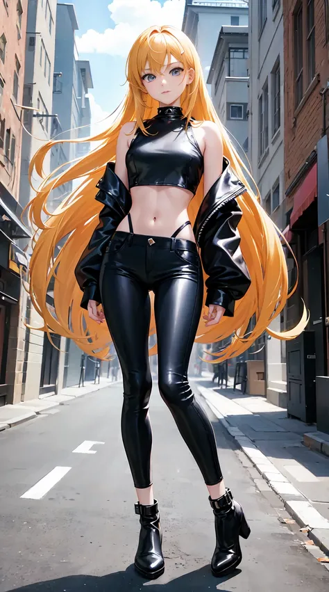 17 year old, 1girl in, Anime style, skinny body, Anime girl in a crop top with a leather motor jacket, Skinny Jeans Pants, long hair of bright golden color,, Blue eye color, Posed photos of her cute poses, Straight down the street of the tower, Anime Art W...