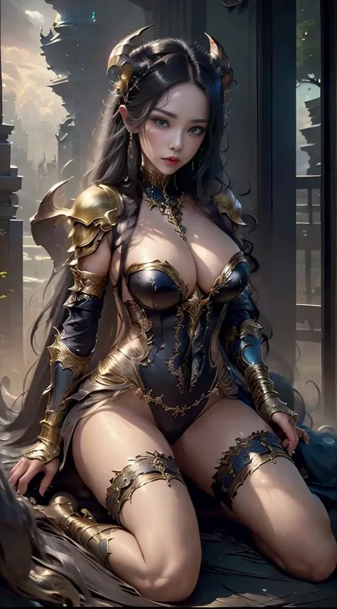 woman dressed as devil&#39;of clothes, Realistic art station, Heavy rain scene, detailed fantasy art, Stunning character art, Beautiful and beautiful character art, Beautiful demon armor, The content is very detailed, Devil armor girl, Exquisite and intric...