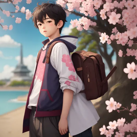 A boy character with a cherry blossom motif