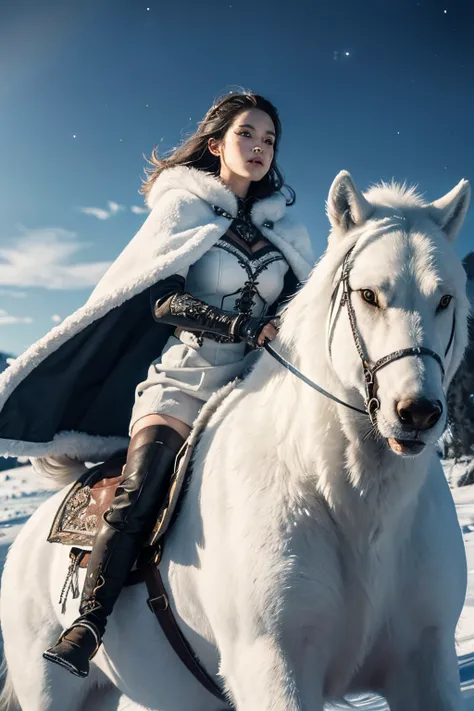 A Nordic barbarian woman, riding on a giant white wolf mount, all white leather and fur outfit, arctic scenery, snow storm, dramatic scene, at night, polar aurora, beautiful shading, vibrant colors, 8k,  snow particle effects, photo-realistic, HDR, intrica...