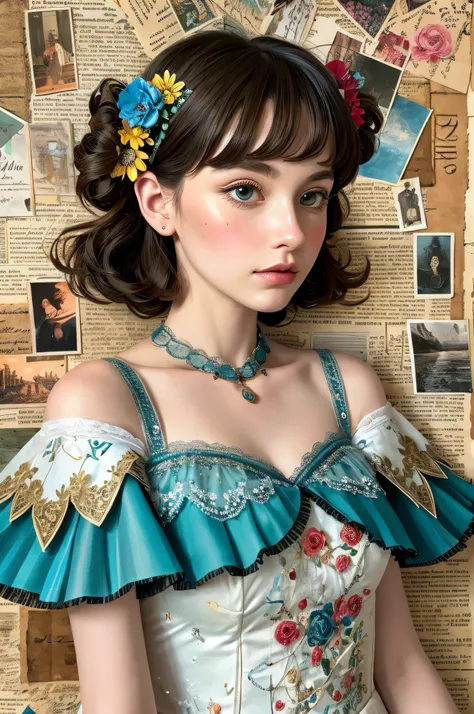 Super detailed alcohol ink painting of gorgeous girl, Made on top of a mixed-media masterpiece patchwork of stress-free vintage script paper, Ephemera, Torn cardboard, Vintage newspaper, Vintage sheet music, Wax Seal, Dress made of paper ruffles and life-s...