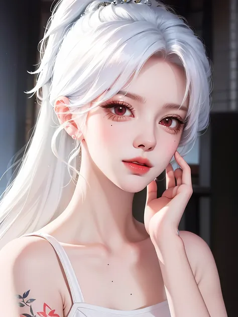 a close up of a woman with a white top and a tattoo on her arm, tifa lockhart with white hair, detailed white long hair, silver hair (ponytail), girl with white hair, deviantart artstation cgscosiety, white ponytail hair, realistic anime 3 d style, anime s...