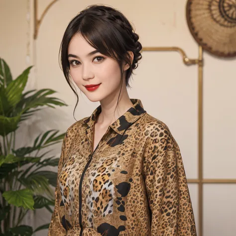 113
(a 20 yo woman,is standing), (A hyper-realistic), (high-level image quality), ((beautiful hairstyle 46)), ((short-hair)), (Gentle smile), (brest:1.1), (wild animal print clothing), (There is a chameleon), (lipsticks)