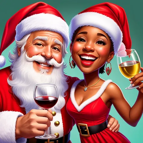 Neste animado desenho, an adorable Santa Claus couple, em uma vibe festiva e alegre, holds wine glasses, toasting to the holiday season. With artistic direction by Patrick Brown, This is the official portrait of the good old man, irradiando alegria natalin...