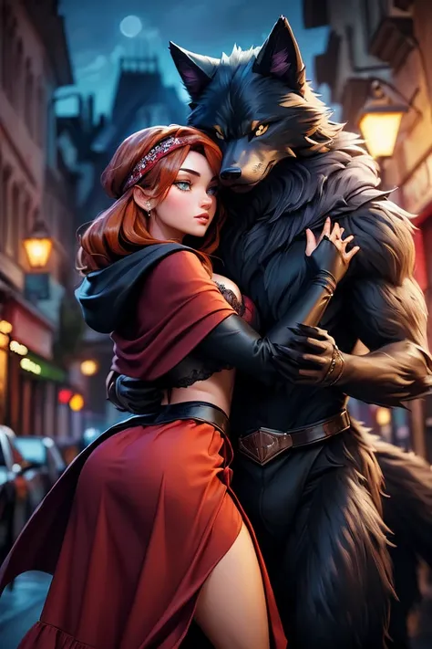 depicts a powerful werewolf hugging a blonde girl，(((black humanoid wolf)))，(((black furry humanoid wolf)))，(((beautiful sexy gi...