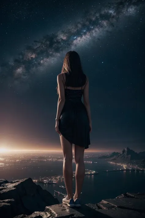 Cosmic cities in the distance, a tall girl figure facing forward and looking into the distance colors and space. lifestyle photography, candid, realistic, epic realism, cinematic, epic realism,8K, highly detailed and water falls behind her and more cosmic,...