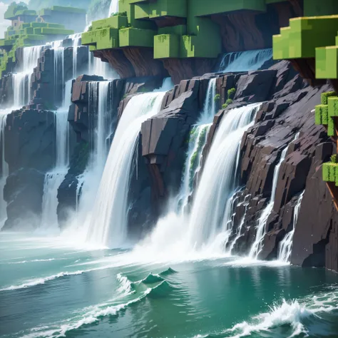 big waterfall minecraft, close-up, movie style --auto --s2