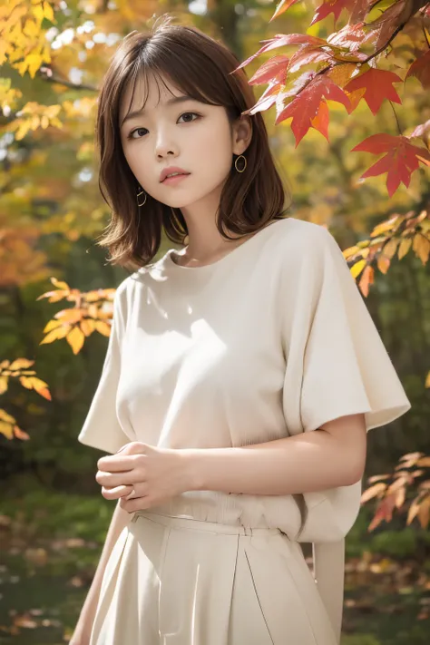 masuter piece、独奏、Little woman、short-cut、Natural color clothing、Natural look、top-quality、ultra-detailliert、High quality detailing、８ｋ、Colored leaves:1.5、deep autumn forest、Tree leakage day、Silence