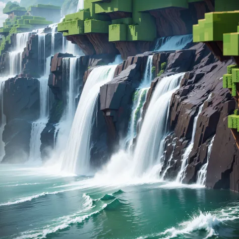 big waterfall minecraft, close-up, movie style --auto --s2