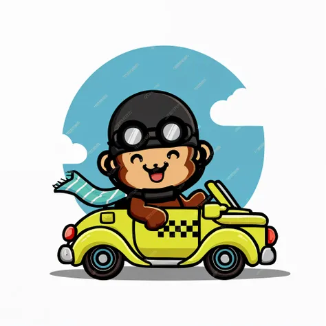 cartoon monkey driving a green car with a flag on the roof, the creature sits in a car, driving a car, mascot illustration, monkey, humanoid monkey fantasy race, 2d, 2 d, driving, cartoon style illustration, high quality illustration, cute cartoon characte...