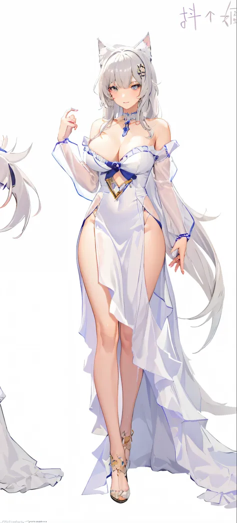 One in a white dress、Close up of woman with cat tail, White dress!! Silver-haired, anime woman fullbody art, full body detailing, clear outfit design, anime figure; Full-body art, Fair and shiny skin, Cute anime waifu wearing beautiful clothes, Anime full ...