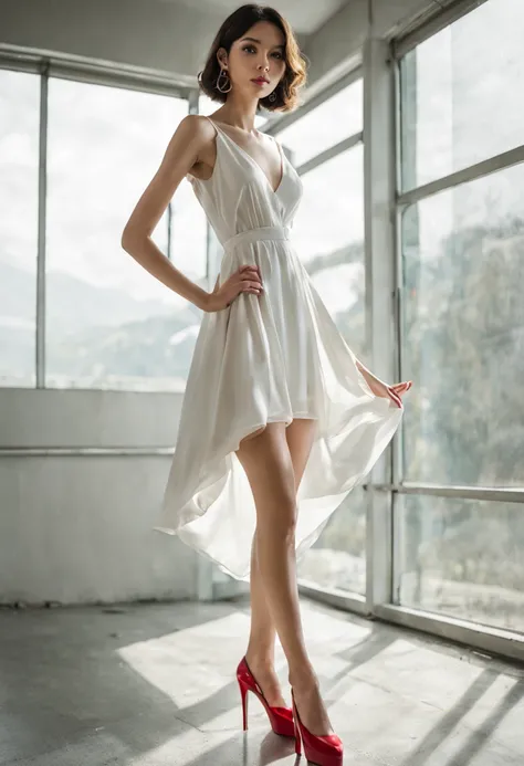 Generate artwork , glassy phenomenon，woman in white dress red dress，Slender legs