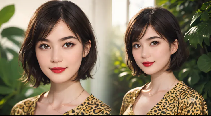 113
(a 20 yo woman,is standing), (A hyper-realistic), (high-level image quality), ((beautiful hairstyle 46)), ((short-hair)), (Gentle smile), (brest:1.1), (wild animal print clothing), (There is a chameleon), (lipsticks)