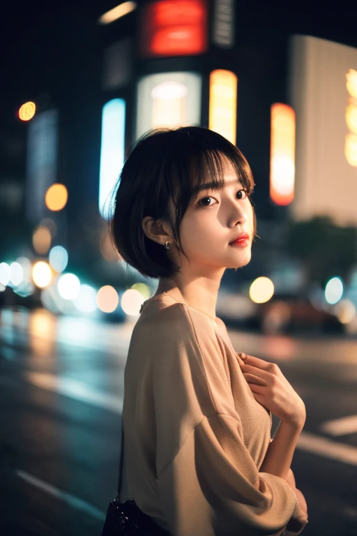 ((Best Quality)), ((masutepiece)), (Cinematic aesthetics:1.4) Beautiful Korean fashion model bokeh city night photo