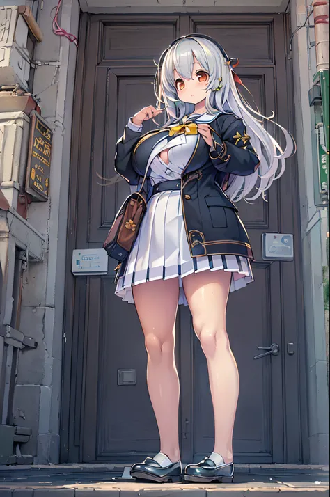 ((masutepiece)), ((Best Quality)), ((hight resolution)), ((the Extremely Detailed CG Unity 8K Wallpapers)), Solo, Tachibana plays, Tan School Uniform, Black skirt, White socks, Outdoors, Face, curtained hair, Beach, parted hair, Silver hair,huge-breasted