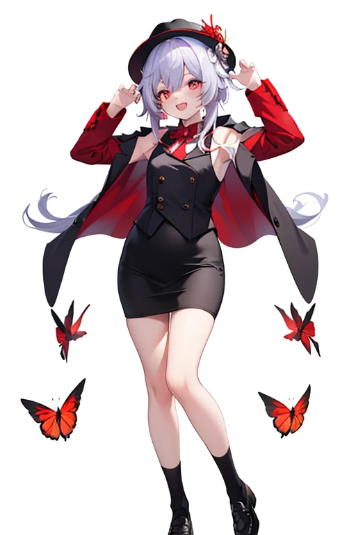 1girl, solo,
boo tao (genshin impact), ghost, bug,
white background,simple background,
full body, smile,  open mouth,  red butterfly, looking at viewer, claw pose, 
hutaooneplus, flower-shaped pupils, 
fedora,  red shirt,  jacket on shoulders, short pencil...