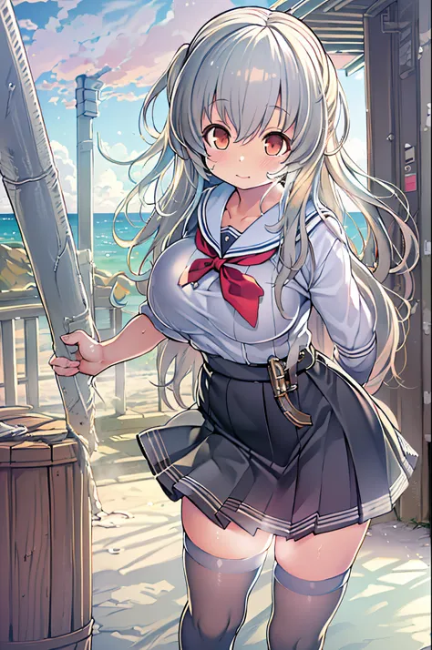 ((masutepiece)), ((Best Quality)), ((hight resolution)), ((the Extremely Detailed CG Unity 8K Wallpapers)), Solo, Tachibana plays, Tan School Uniform, Black skirt, White socks, Outdoors, Face, curtained hair, Beach, parted hair, Silver hair,huge-breasted