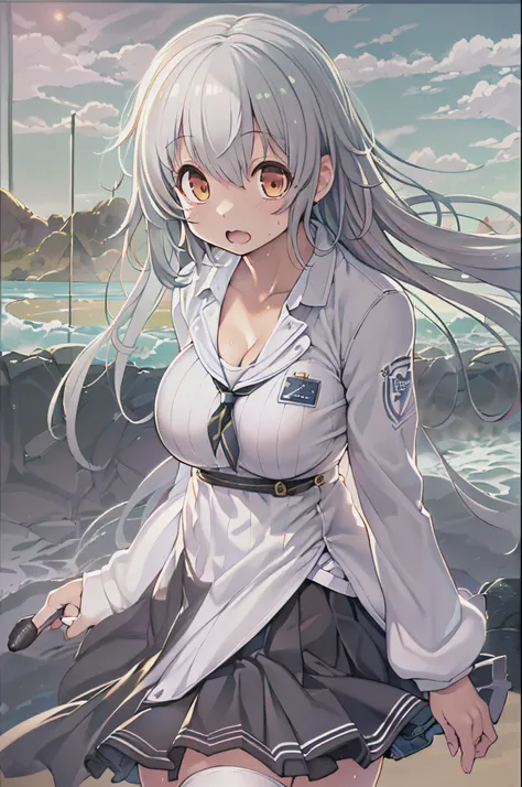 ((masutepiece)), ((Best Quality)), ((hight resolution)), ((the Extremely Detailed CG Unity 8K Wallpapers)), Solo, Tachibana plays, Tan School Uniform, Black skirt, White socks, Outdoors, Face, curtained hair, Beach, parted hair, Silver hair,huge-breasted