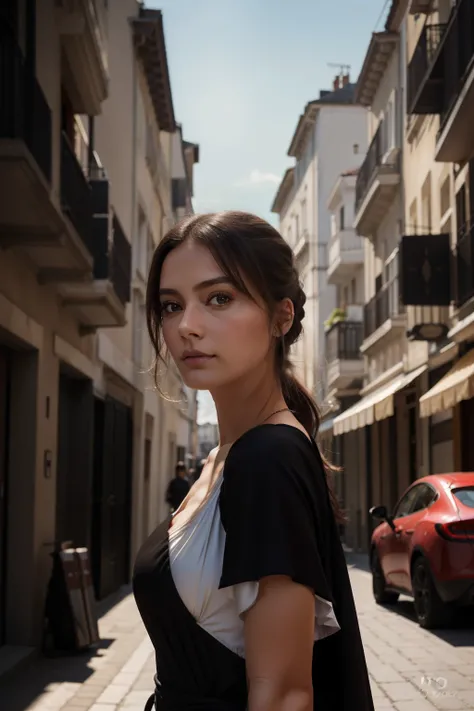 Photograph of a beautiful girl, dans la ville, porter un haut noir, jouissant, fille, 夏天, Fille chaude, (((very heavy bust))), cheveux bruns, long_cheveux, Look into the camera, symmetrical face, photoreallistic, photographie, Spectacular lighting,, magnif...