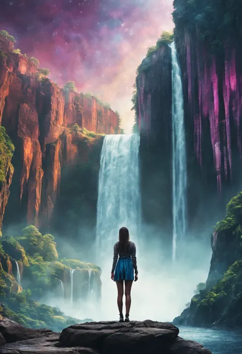 Cosmic cities in the distance, a tall girl figure facing forward and looking into the distance colors and space. lifestyle photography, candid, realistic, epic realism, cinematic, epic realism,8K, highly detailed and water falls behind her and more cosmic,...