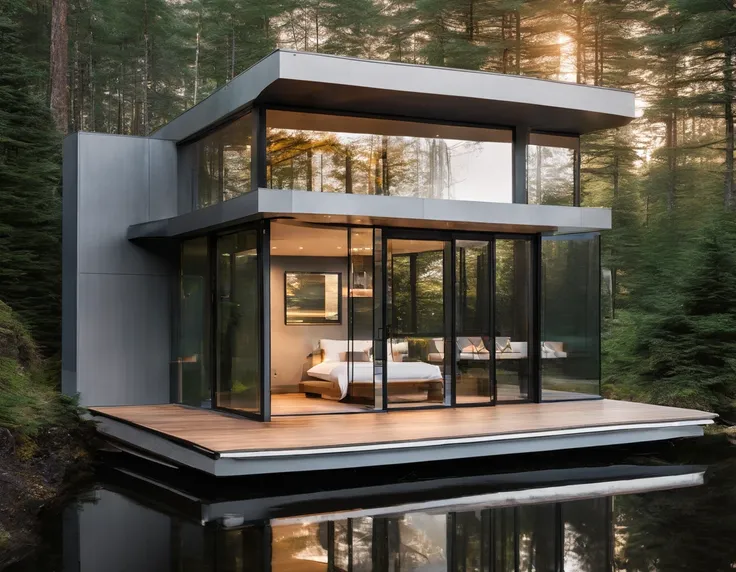 Exterior image of a tiny house house in a Scandinavian nature, (((standing wood and glass mirror panels))), avantgarde, sci-fi, science fiction, waterfall, panorama glass windows, forests, waterfall inside atrium, rocks, futuristic, floating, modern, solar...