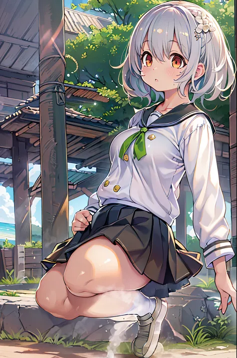 ((masutepiece)), ((Best Quality)), ((hight resolution)), ((the Extremely Detailed CG Unity 8K Wallpapers)), Solo, Tachibana plays, Tan School Uniform, Black skirt, White socks, Outdoors, Face, curtained hair, Beach, parted hair, Silver hair,huge-breasted