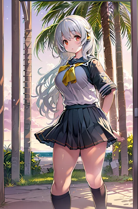 ((masutepiece)), ((Best Quality)), ((hight resolution)), ((the Extremely Detailed CG Unity 8K Wallpapers)), Solo, Tachibana plays, Tan School Uniform, Black skirt, White socks, Outdoors, Face, curtained hair, Beach, parted hair, Silver hair,huge-breasted