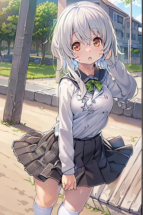 ((masutepiece)), ((Best Quality)), ((hight resolution)), ((the Extremely Detailed CG Unity 8K Wallpapers)), Solo, Tachibana plays, Tan School Uniform, Black skirt, White socks, Outdoors, Face, curtained hair, Beach, parted hair, Silver hair,huge-breasted