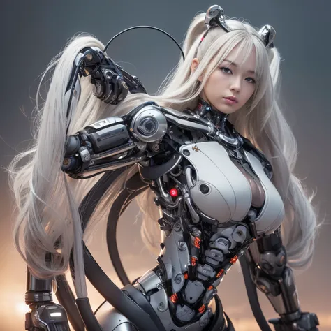 Beautiful Face,face is Japan, 1 Woman, Big, Curvaceous, (16k, RAW photo, top quality, masterpiece: 1.2), (HDR, Realistic, Photorealistic: 1.37) (tube attached to the body), (Bikini Cyborg robot parts)))), (light gray hair), Long hair, Wavy hair, Twin tails...