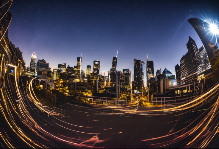 An artistic representation of the Gemini symbol, resembling a sword, in a futuristic cityscape at night, taken with a mirrorless camera and a fisheye lens, experimenting with bold lighting effects and embracing a contemporary, edgy photography aesthetic.