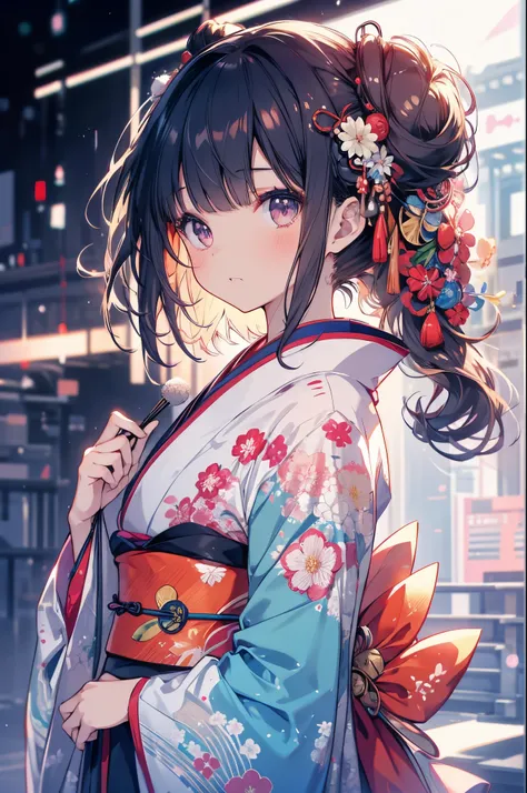 1 girl in, jpn, kimono, have a fan, bun, beautiful fece, delicate, kawaii, a dark-haired, slender eyes, ((head to waist)), maste...