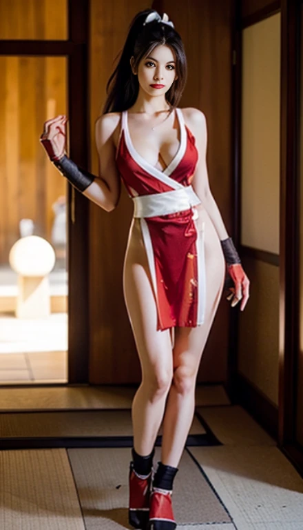 mai shiranui, Brown eyes, The whole body is reflected,Toes are visible, Standing, Full body, Prestige, Long hair, Brown hair, White ribbon, Sleeveless, poneyTail, sash, pelvis curtain, arm guards, mitts, tabi, fascinated expression, Sexy eyes, medium breas...