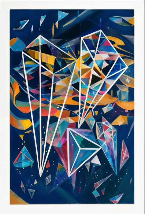 painting of a kite with a white outline on a blue background, refracted lines and sparkles, refracted line and sparkles, abstract maximalist painting, polygonal fragments, crystal cubism, detailed abstract, floating crystals, daniel motz, inspired by Johan...