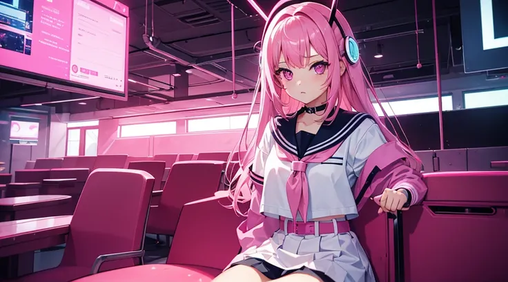 1girl, pink hair, pink eyes, sailor suit, sitting, wariza, pink cyber punk interior, pink fluorescent light