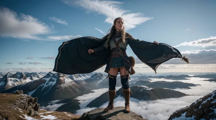 Imagine a powerful image of a Viking woman standing triumphantly atop a rugged mountain peak. Clad in traditional Viking attire, she holds a formidable axe in her hand, the cold wind tousling her braided hair. The panoramic view from the summit reveals vas...