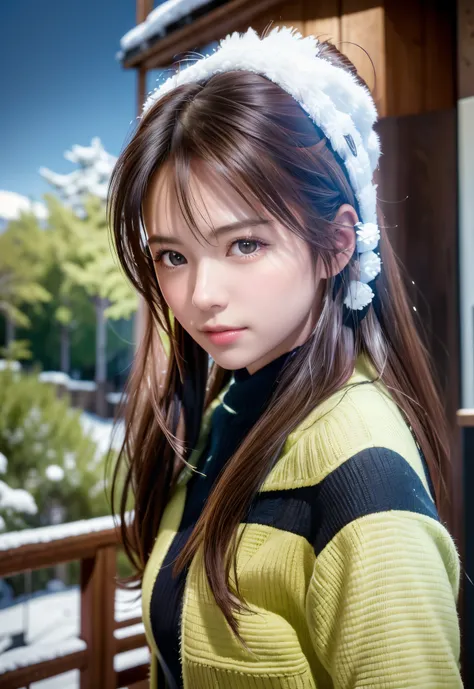 8K, of the highest quality, masutepiece:1.2), (Realistic, Photorealsitic:1.37), of the highest quality, masutepiece, Beautiful young woman, Pensive expression,、A charming、and an inviting look, skiing、snowboarder、Ski Wear, Hair tied back, Cinematic backgrou...